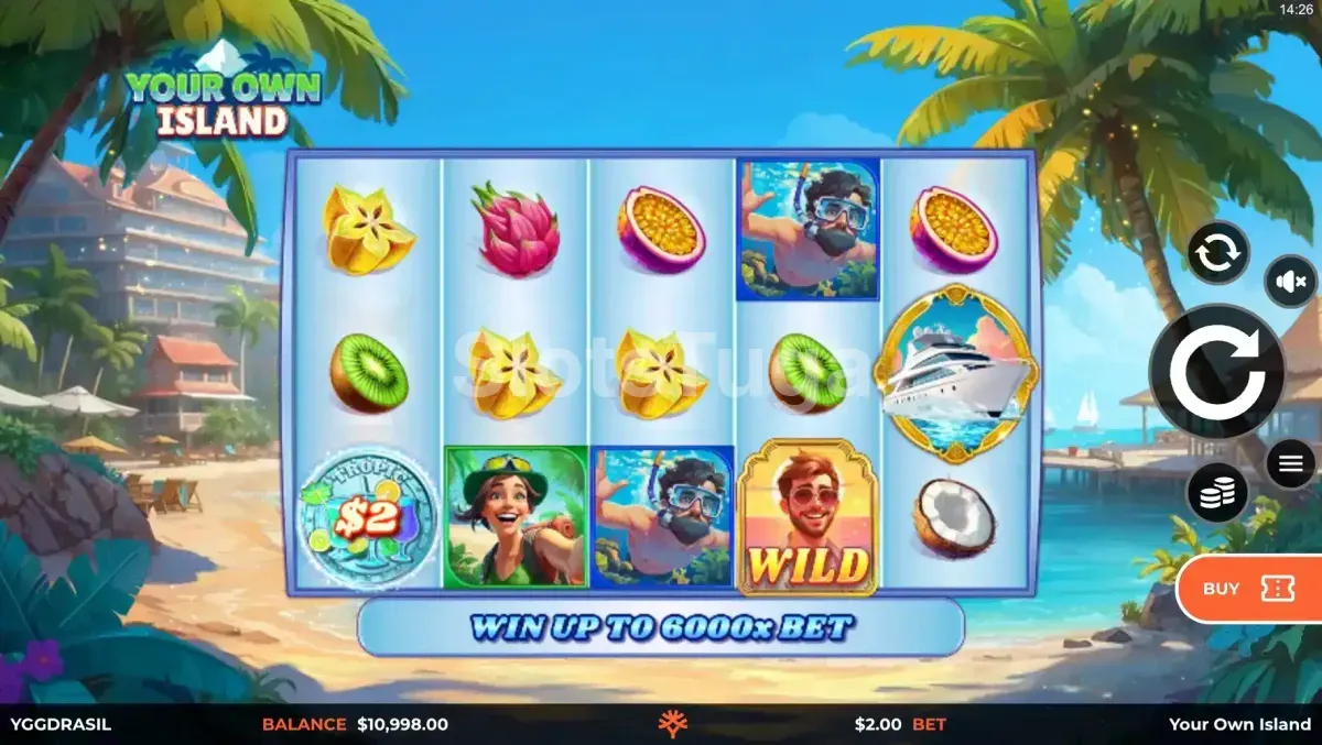 Jogo base da slot Your Own Island com rolos e símbolos tropicais