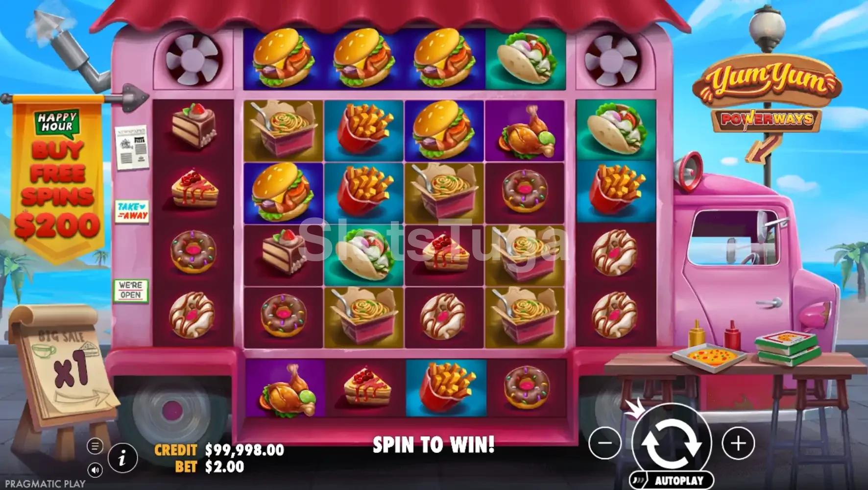 Tela principal da slot Yum Yum Powerways com grid de comidas na praia