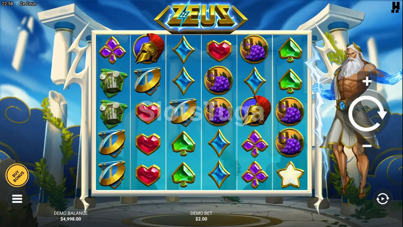 Tela principal do jogo Ze Zeus com grade 6x5 e cenário grego