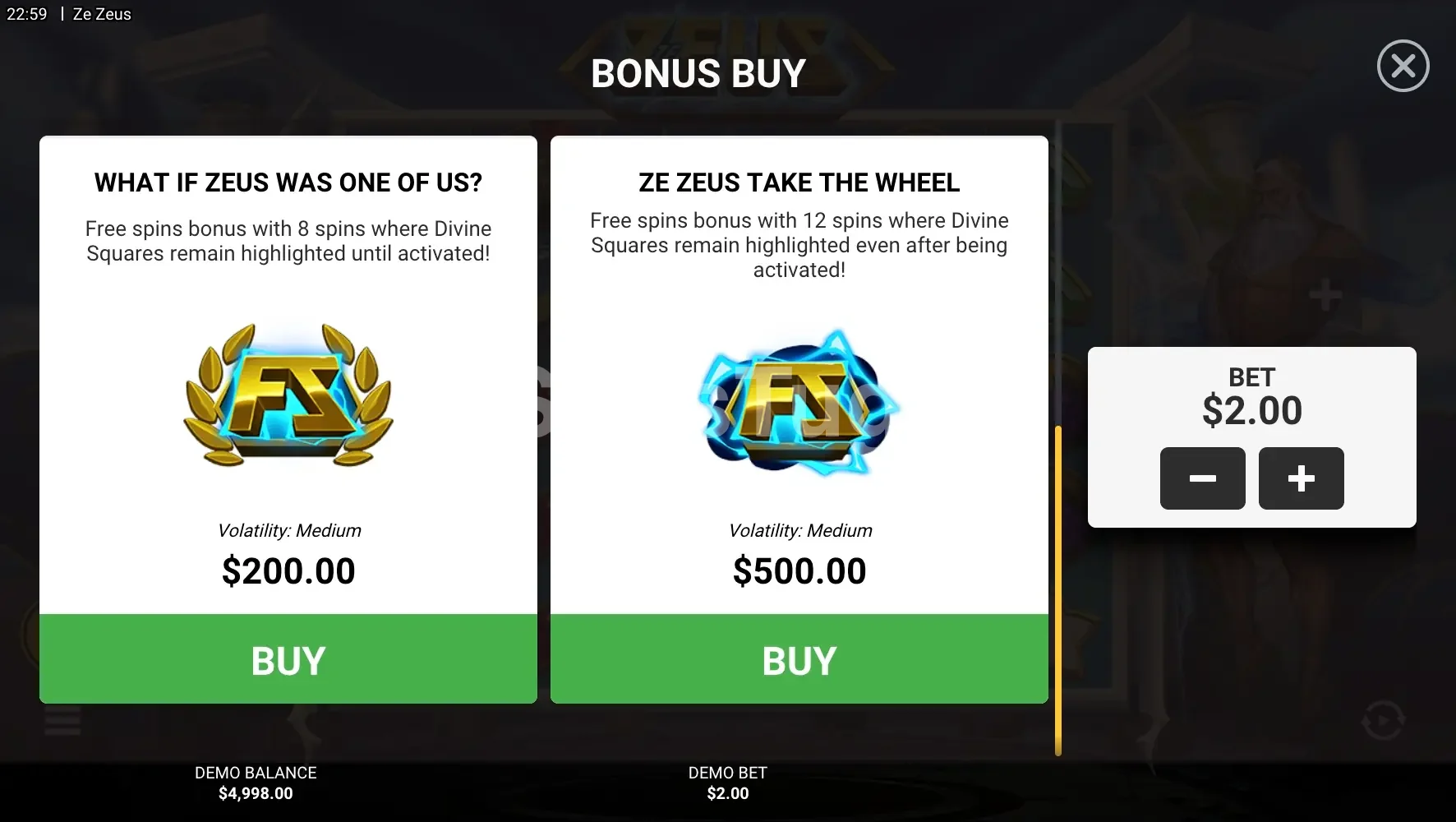 Opções de compra de bônus no Ze Zeus da Hacksaw Gaming