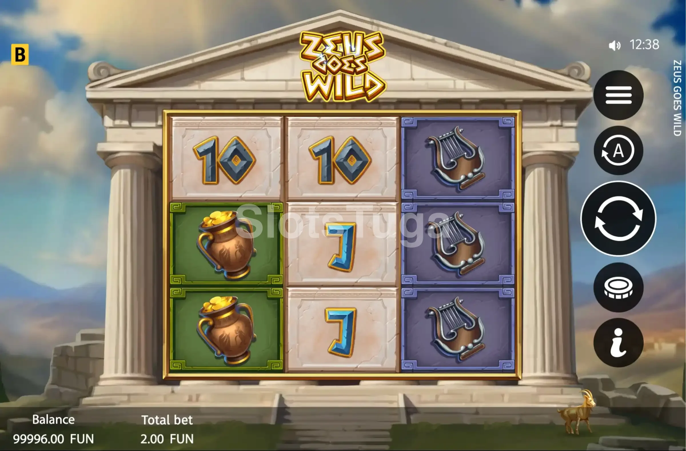 Tela principal do Zeus Goes Wild com os três rolos em ação