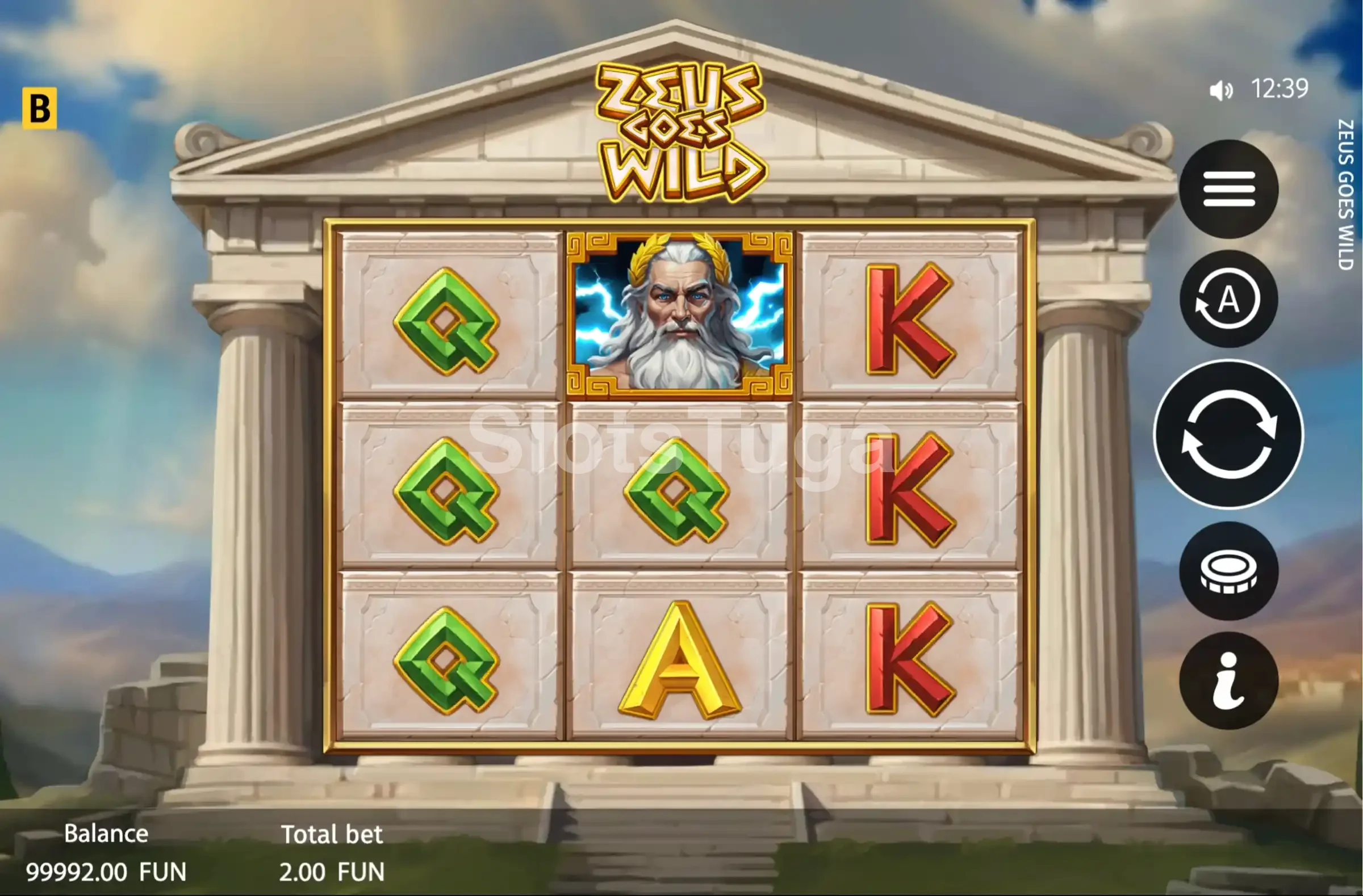 Segunda tela de jogo do Zeus Goes Wild com símbolos empilhados nos rolos