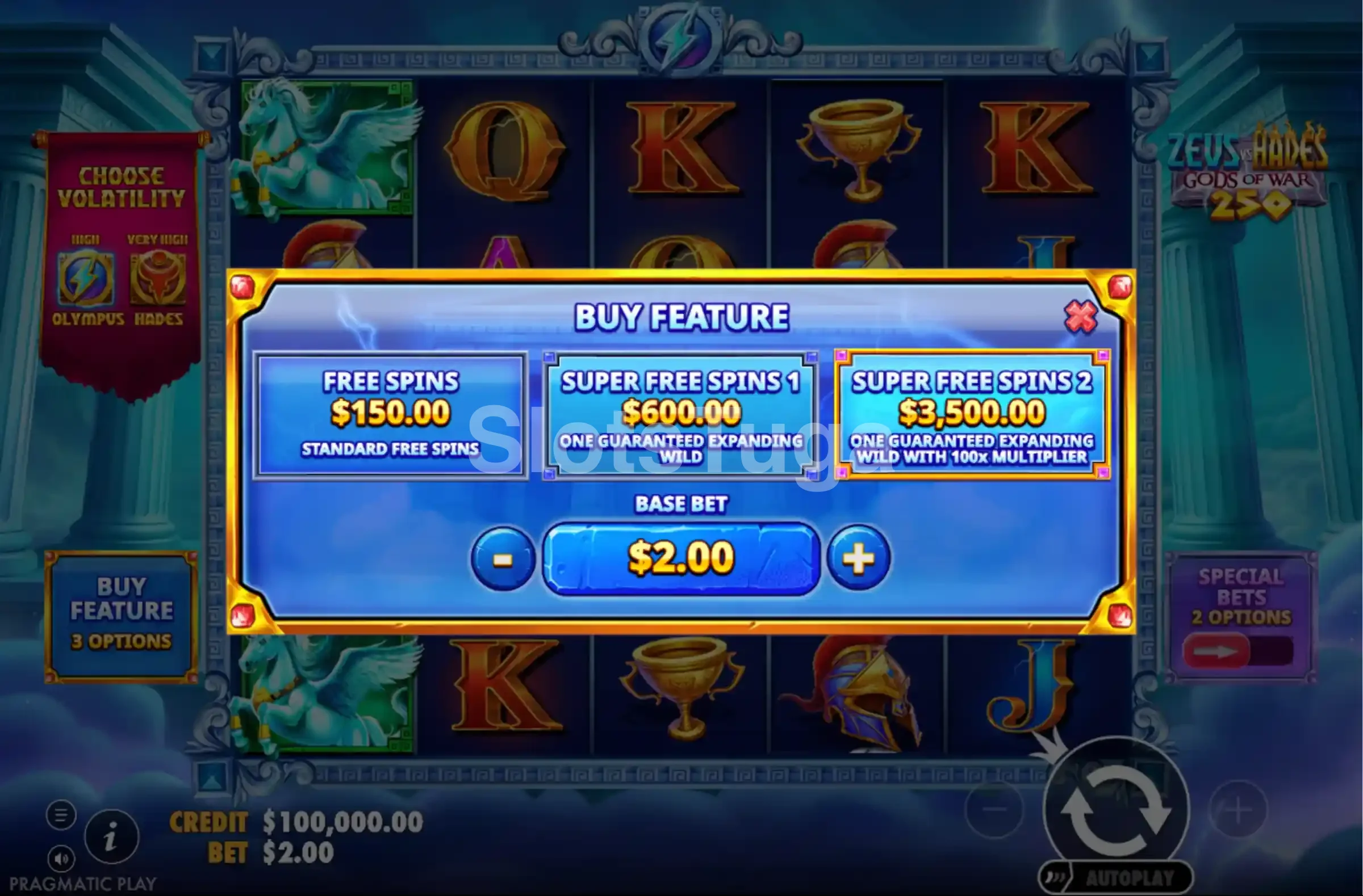 Tela de compra de bônus do Zeus vs Hades Gods of War 250 com as opções disponíveis