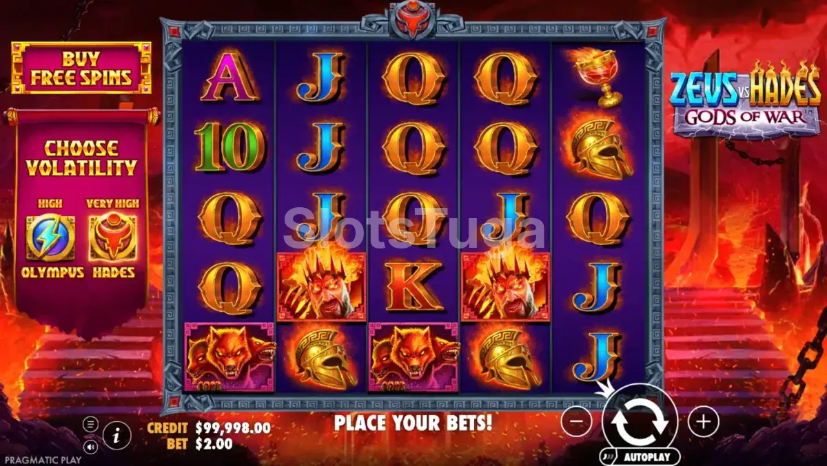Tela principal da slot Zeus vs Hades com os deuses do Olimpo e do submundo