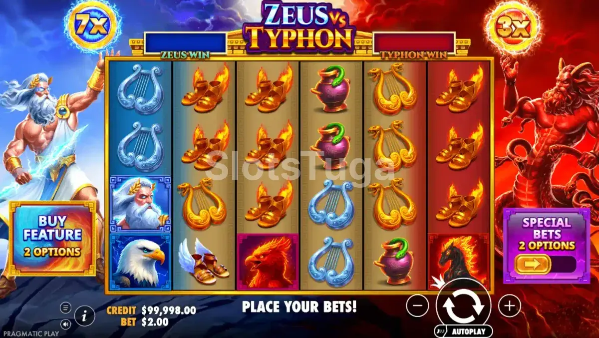 Tela principal da slot Zeus vs Typhon com os dois deuses lado a lado
