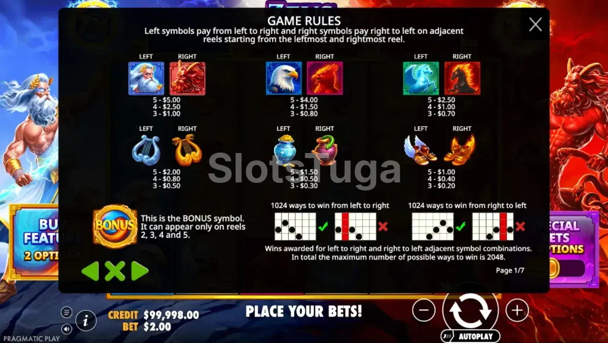 Tabela de pagamentos da slot Zeus vs Typhon mostrando símbolos dos dois deuses