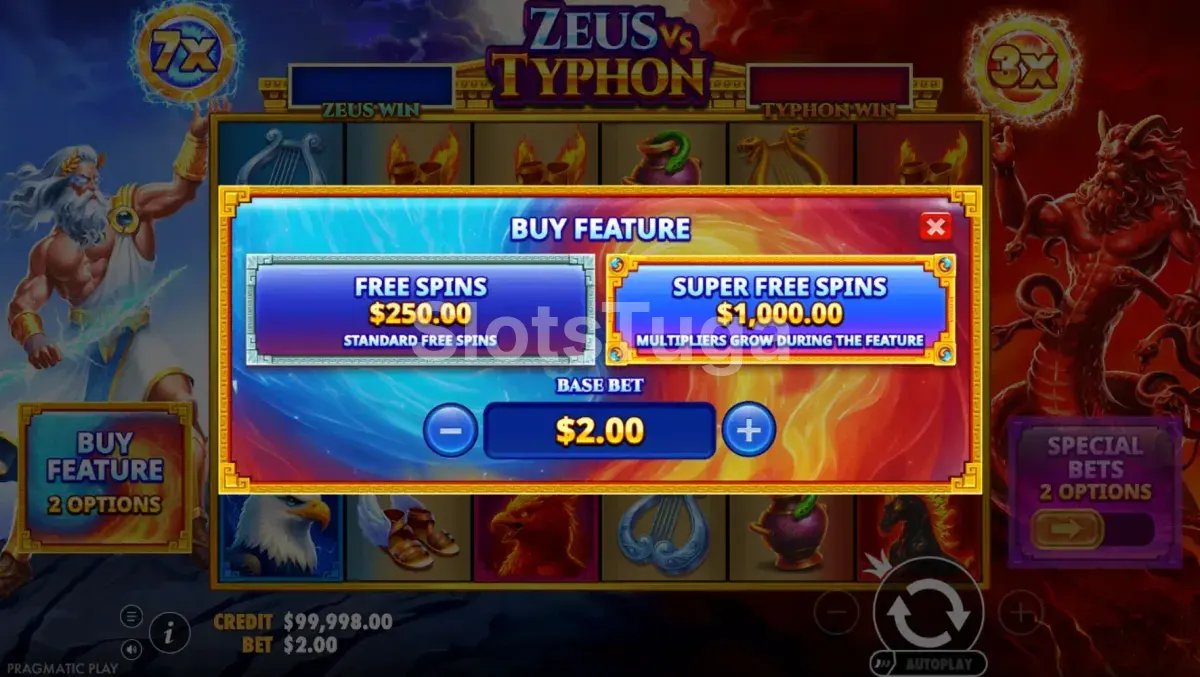Menu de compra de bônus da slot Zeus vs Typhon com duas opções disponíveis