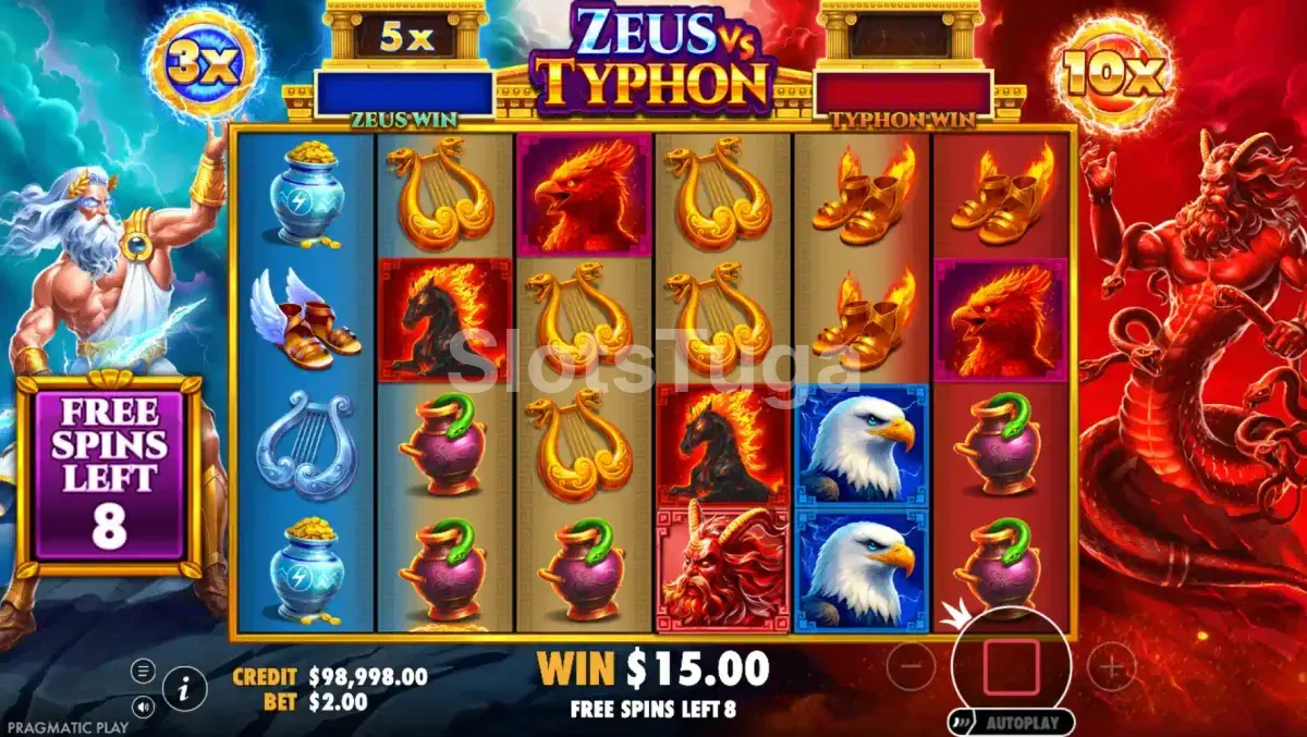 Rodada de giros grátis ativada na slot Zeus vs Typhon com multiplicadores