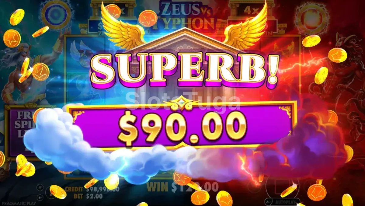 Grande vitória na slot Zeus vs Typhon com multiplicadores ativos dos dois lados