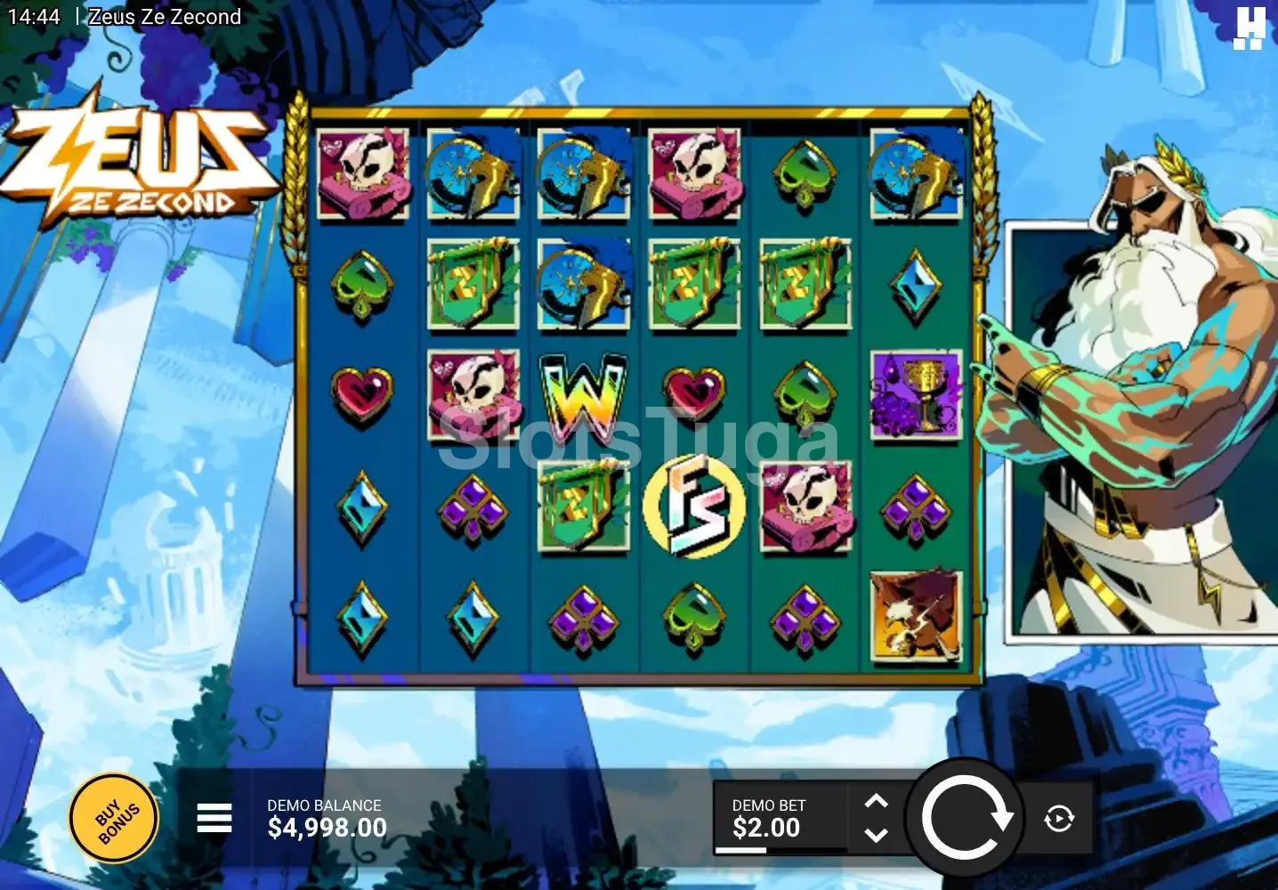Jogo base da slot Zeus Ze Zecond com rouleaux e símbolos clássicos do Olimpo