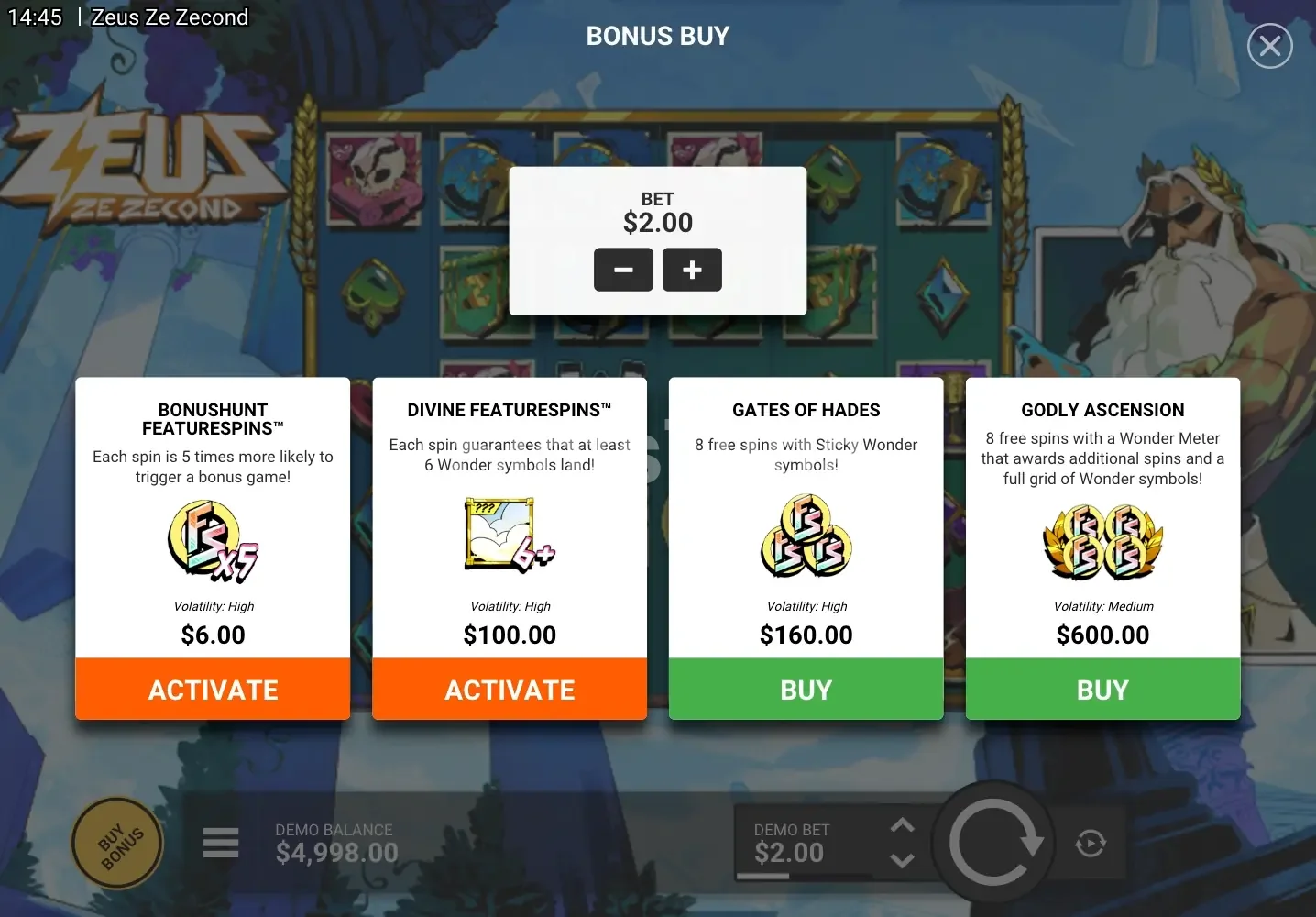 Tela do Bonus Buy da slot Zeus Ze Zecond com opções de compra de bônus