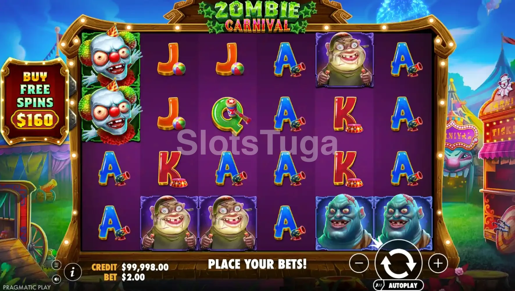 Jogo base de Zombie Carnival com a grelha de 6 rolos e 4 linhas