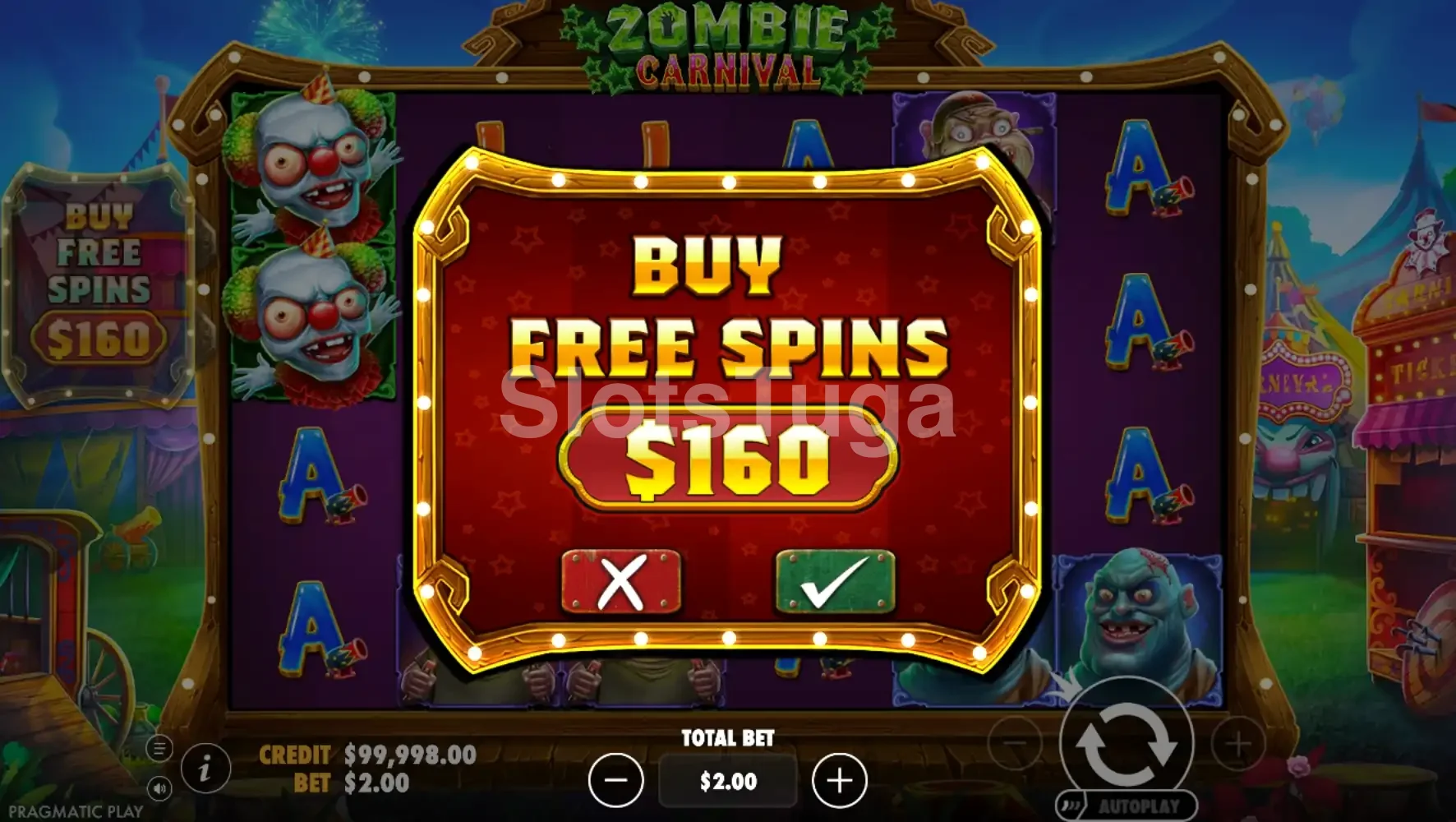 Ecrã de compra de bónus de Zombie Carnival por 80x a aposta
