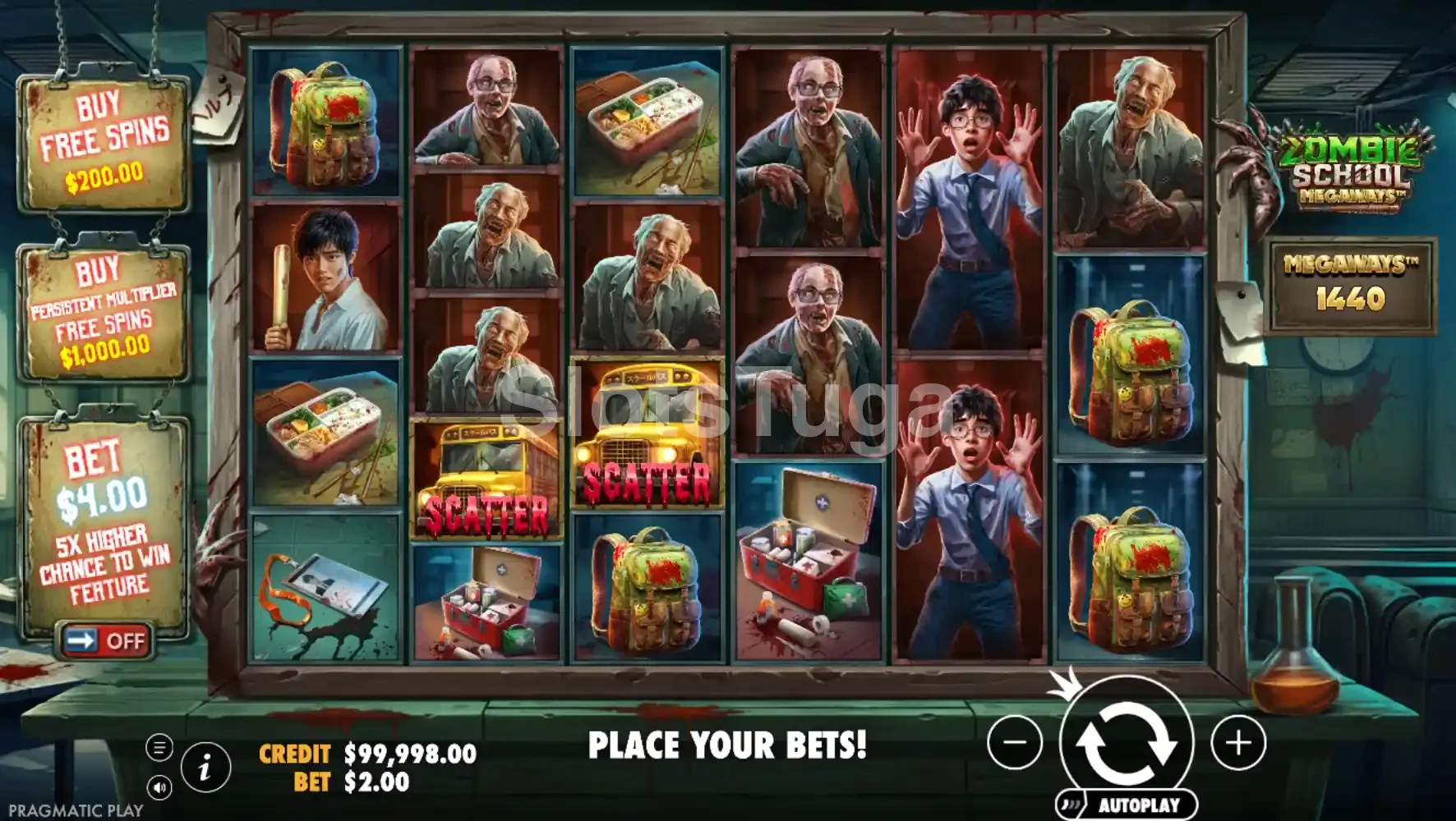 Jogo base da Zombie School Megaways com rolos e personagens zumbis em cenário escolar