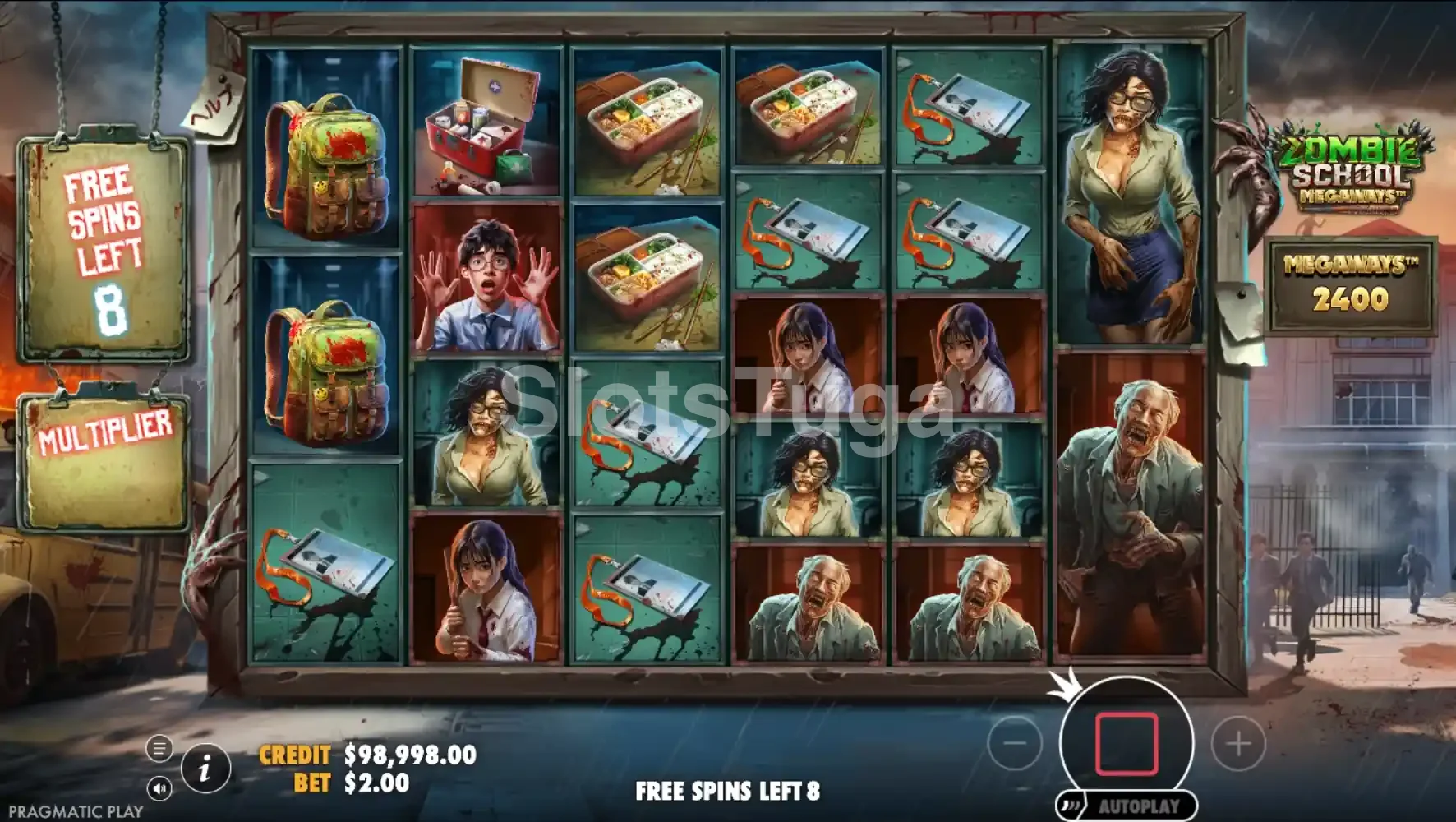 Rodada de giros grátis da Zombie School Megaways com multiplicadores ativos